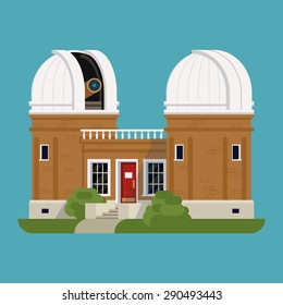 Beautiful detailed vector observatory building illustration in trendy flat design | Science decorative design element on astronomy optical observatory with telescope dome opened