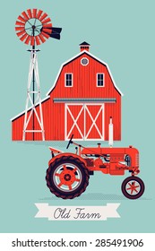 Beautiful detailed vector poster or web banner template on Old Farm with classic red wooden barn, water pump windmill and retro tractor. Ideal for craft and organic farming promotion and advertisement