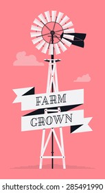 Beautiful detailed vector poster or web banner template on 'Farm Grown' with classic water pump windmill and ribbon. Ideal for craft and organic farming promotion and advertisement