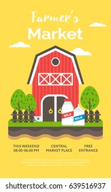 Beautiful detailed vector poster or web banner template on 'Farmers Market' with water farm house, milk and garden. Ideal for organic farming events promotion and advertisement