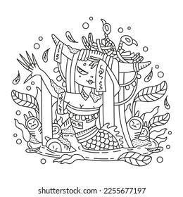 Beautiful devil girl with bird nest on head. Pretty demon woman creature. Water, statue, skeleton of bird, feathers. Mysterious fantasy illustration. Coloring page for kids and adults. Cartoon. Vector