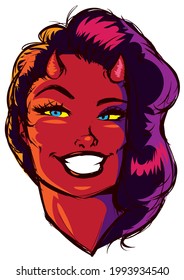 beautiful devil girl face with horns in bright neon colors vector illustration