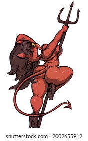 beautiful devil girl with horns in a black bikini dancing with a pitchfork vector illustration pinup