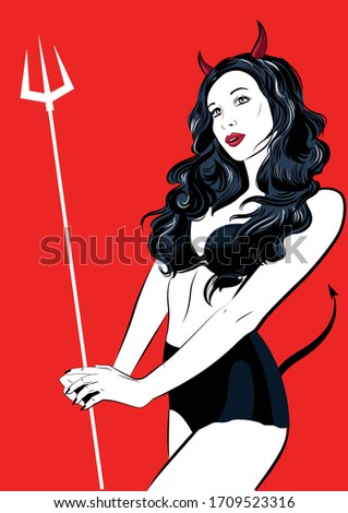 Beautiful devil girl with a pitchfork and tail. Vector illustration.