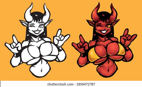 beautiful devil girl smiles in yellow bikini and shows horns