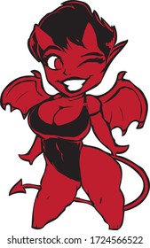 beautiful devil girl with wings smiles and winks