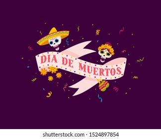 Beautiful dia de los muertas mexican traditional background in trendy neon colors, great design for any purposes with skulls and ribbon with text. Day of the dead authentic hispanic vector holiday