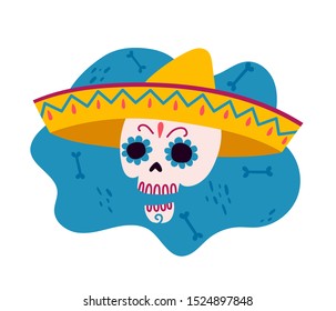 Beautiful dia de los muertos mexican traditional background in trendy neon colors, great design for any purposes with hand drawn cat skull. Day of the dead authentic hispanic holiday Vector eps10.