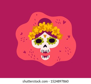 Beautiful dia de los muertos mexican traditional background in trendy neon colors, great design for any purposes with hand drawn skull. Day of the dead authentic hispanic holiday Vector eps10.