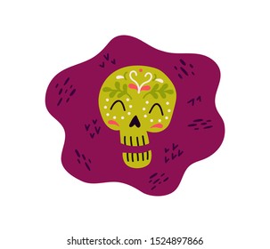 Beautiful dia de los muertos mexican traditional background in trendy neon colors, great design for any purposes with hand drawn skull. Day of the dead authentic hispanic holiday Vector eps10.