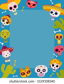 Beautiful dia de los muertos mexican traditional background, great design for any purposes with hand drawn skull blank text frame or border. Day of the dead authentic hispanic holiday Vector eps10.