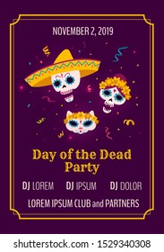 Beautiful dia de los muertos mexican traditional party invitation background, great design flyer for any purposes with hand drawn skull. Day of the dead authentic hispanic holiday poster Vector eps10.