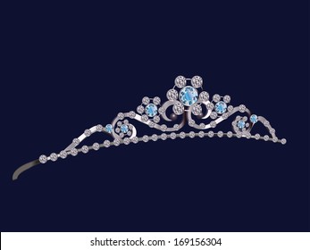 Beautiful diadem or tiara with blue diamonds on dark background.