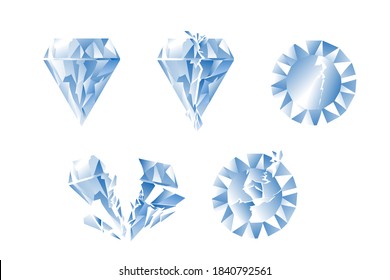 Bonito diamante sobre un fondo blanco, fragmentos de piedra, decoración rota. diamante de fractura rota, conjunto de ilustraciones modernas.