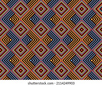 Beautiful Diamond Seamless Pattern Based On Native Colombian Indigenous Art With Colombian Flag Colors. 