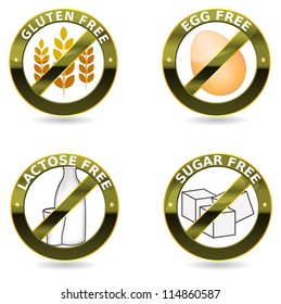 Beautiful diet icons. Gluten free, lactose free and egg free. Can be used as a stamp, emblem, seal, badge, on a packaging etc. Beautiful harmonic colors and elegant design.