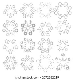 Beautiful, different, black and white set of stars. Vector pattern. Monochrome drawing