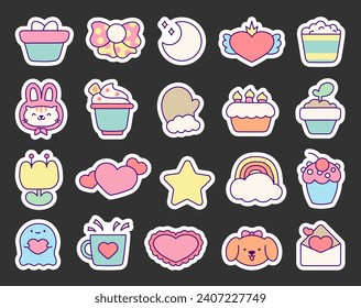 Beautiful different elements and characters of a happy lifestyle. Sticker Bookmark. Hand style. Vector drawing. Collection of design.