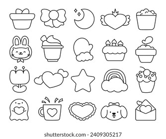 Beautiful different elements and characters of a happy lifestyle. Coloring Page. Hand style. Vector drawing. Collection of design.