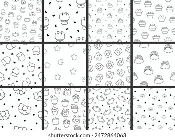 Beautiful different elements and characters of a happy lifestyle. Seamless pattern. Coloring Page. Hand style. Vector drawing. Collection of design ornaments.