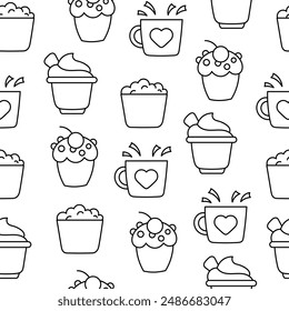 Beautiful different elements and characters of a happy lifestyle. Seamless pattern. Coloring Page. Hand style. Vector drawing. Design ornaments.