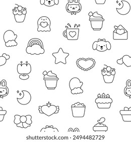 Beautiful different elements and characters of a happy lifestyle. Seamless pattern. Coloring Page. Hand style. Vector drawing. Design ornaments.