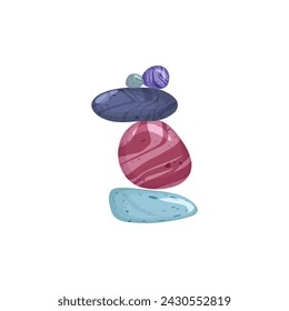 Hermosos guijarros diferentes en la parte superior de cada otro estilo plano, ilustración vectorial aislado sobre fondo blanco. Elemento de diseño decorativo, meditación, naturaleza y pequeñas piedras de playa