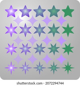Beautiful, different, purple and green stars on a purple background. Vector pattern
