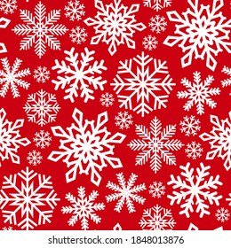 Schöne, verschiedene weiße Schneeflocken einzeln auf rotem Hintergrund. Fest nahtloses Muster. Vektorgrafik-Flachbild-Illustration. Muster.
