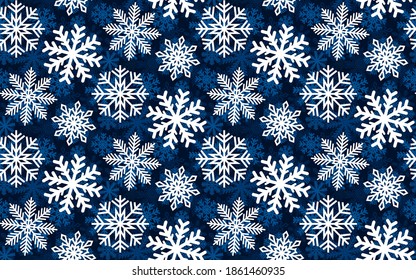 Beautiful different white snowflakes isolated on dark blue background. Cute Christmas seamless pattern. Template for wrapping paper, packaging. Vector flat graphic illustration. Texture.