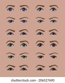 Beautiful differently colored Caucasian woman eyes with different emotions. Drawn with path tool