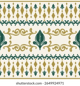 Beautiful Digital Art Scent of Antique Luxury Gold Emerald Green on White Background Delicate Baroque Seamless Border Pattern. Expensive Rich Opulence Wealth Geometric Style Fabrics Textiles Thai Silk