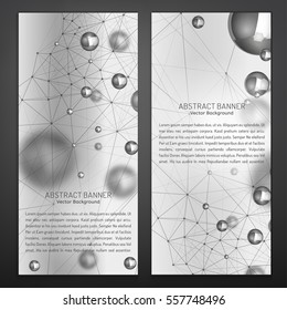 Beautiful digital banners with silver particles and molecular structure. Abstract molecules design. Medical scientific backgrounds with a copyspace for vertical banner or flyer. Vector illustration.