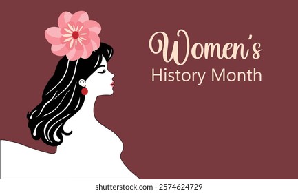 Beautiful digital illustration celebrating Women's History Month, featuring an elegant female silhouette with long flowing hair adorned with a floral headpiece, Perfect for events, campaigns.