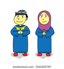 Beautiful digital illustration of a Muslim couple warmly clasping their hands in a gesture of celebration and greeting for Ramadan and Eid Al-Fitr. The couple is dressed in traditional Islamic attire,