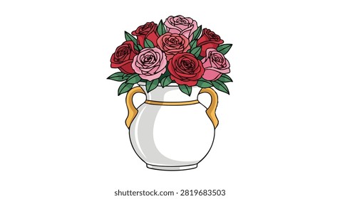 A Beautiful Digital Pixel Art Illustration of a White Ceramic Vase Filled with Pink and Red Roses and Green Leaves Against a White Background