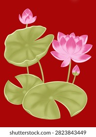 Beautiful digital vector illustration of blooming pink lotus flower with buds and large green lily pads on red background
