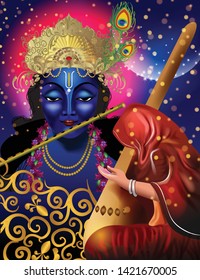 Beautiful digital vector painting of Lord Krishna and Devotee Meera playing long necked lute (Tambura) digital cloudy background illustration