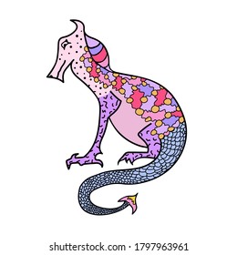 A beautiful Dino with patterns on its back and scales on its long, sinuous tail sits and thinks.