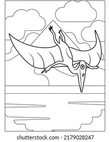 Beautiful Dinosaur Coloring Page For Children.Hand-painted in cartoon style with Beautiful picture for coloring. Jurassic Park. Prehistoric landscape printable.