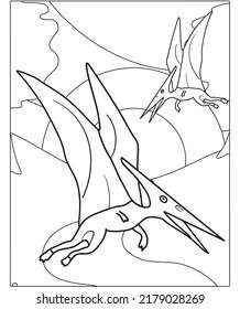 Beautiful Dinosaur Coloring Page For Children.Hand-painted in cartoon style with Beautiful picture for coloring. Jurassic Park. Prehistoric landscape printable.