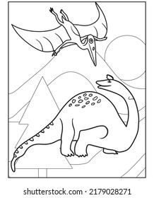Beautiful Dinosaur Coloring Page For Children.Hand-painted in cartoon style with Beautiful picture for coloring. Jurassic Park. Prehistoric landscape printable.