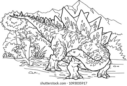 beautiful dinosaur, funny little stegosaurus dinosaur, kind, kids coloring paint development