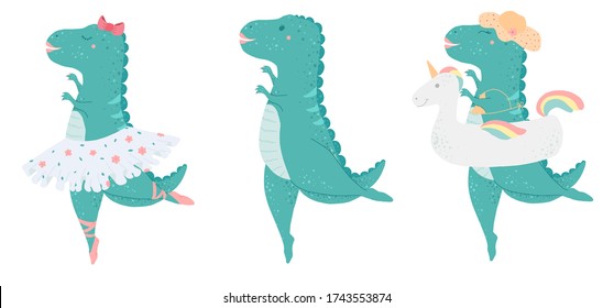 Beautiful dinosaur girl Character Creator, Vector flat illustration. Cartoon style. Kids illustration.