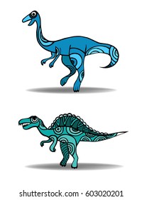 Beautiful dinosaurs on a white background drawn in a vector. Color pattern of spinosaurus and gallimimus