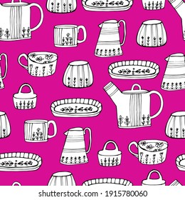 Beautiful dishes, cups, dishes with a pattern. Porcelain. For preparing drinks and food. Coloring book for children and adults. Isolated on white. For design, textile, poster, design paper. 