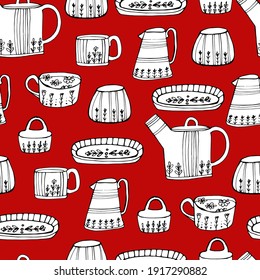 Beautiful dishes, cups, dishes with a pattern. Porcelain. For preparing drinks and food. Coloring book for children and adults. Isolated on white. For design, textile, poster, design paper. 