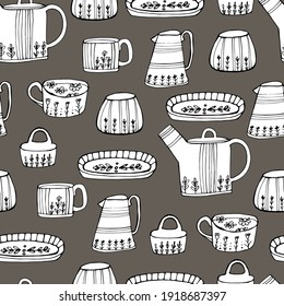 Beautiful dishes, cups, dishes with a pattern. Porcelain. For preparing drinks and food. Coloring book for children and adults. Isolated on white. For design, textile, poster, design paper. 