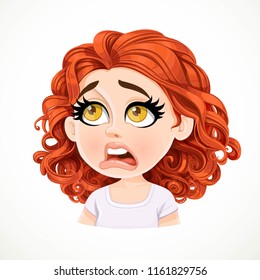 Beautiful dissatisfied cartoon brunette girl with dark red hair portrait isolated on white background