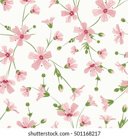 Beautiful ditsy five petal flowers. Pink purple on pearl white background. Flowering plant evolving from buds to blossom. Vector design seamless pattern for decor and textile.